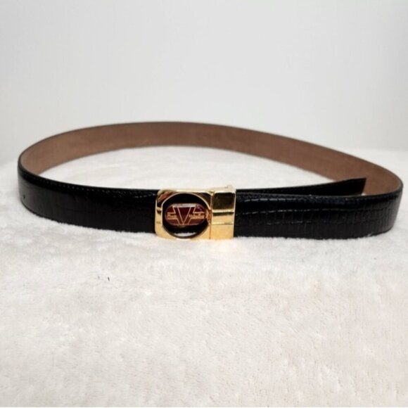 Vintage Mario Valentino Black Crocodile Skin Gold Logo Buckle Belt Size 36/90 main image 10